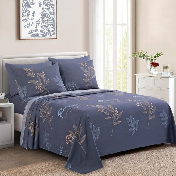 6PC  Deep Pocket Bed Sheet  4 Pillowcases 1 Fat 1 Fitted  Super Soft Bed Linen - Picture 1 of 6